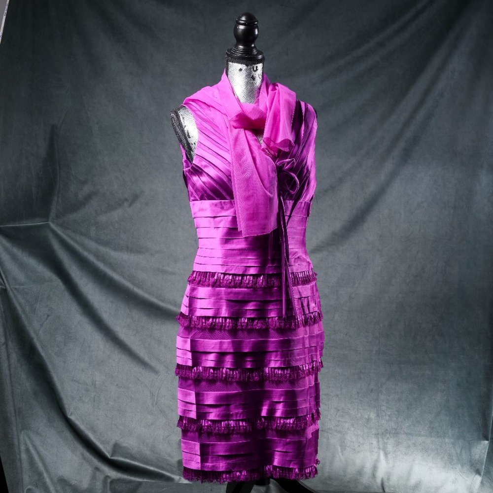 NWT May Queen | Magenta Ruffle-Tiered Sheath Dress & Shawl - sz 12